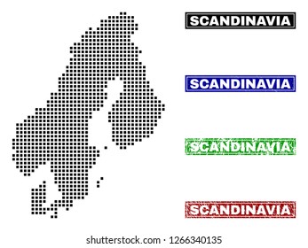 Dot vector abstracted Scandinavia map and isolated clean black, grunge red, blue, green stamp seals. Scandinavia map tag inside rough framed rectangles and with grunge rubber texture.