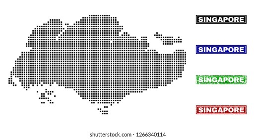 Dot vector abstracted Singapore map and isolated clean black, grunge red, blue, green stamp seals. Singapore map label inside rough framed rectangles and with grunge rubber texture.