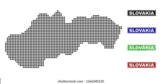 Dot vector abstracted Slovakia map and isolated clean black, grunge red, blue, green stamp seals. Slovakia map caption inside rough framed rectangles and with grunge rubber texture.