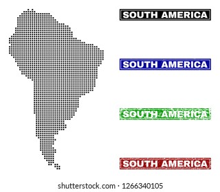 Dot vector abstracted South America map and isolated clean black, grunge red, blue, green stamp seals. South America map label inside rough framed rectangles and with corroded rubber texture.