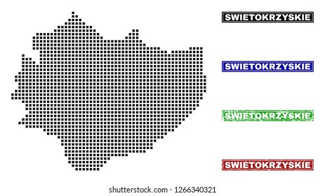 Dot vector abstracted Swietokrzyskie Voivodeship map and isolated clean black, grunge red, blue, green stamp seals.
