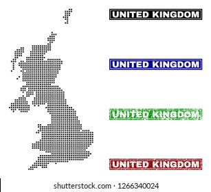 Dot vector abstracted United Kingdom map and isolated clean black, grunge red, blue, green stamp seals. United Kingdom map tag inside draft framed rectangles and with distress rubber texture.