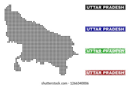 Dot vector abstracted Uttar Pradesh State map and isolated clean black, grunge red, blue, green stamp seals.