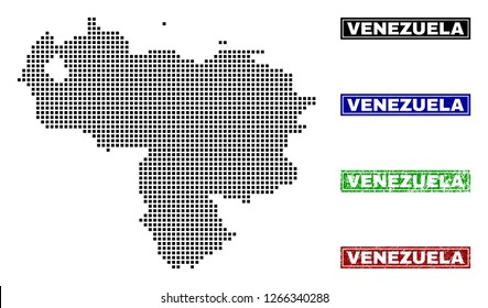 Dot vector abstracted Venezuela map and isolated clean black, grunge red, blue, green stamp seals. Venezuela map caption inside rough framed rectangles and with scratched rubber texture.