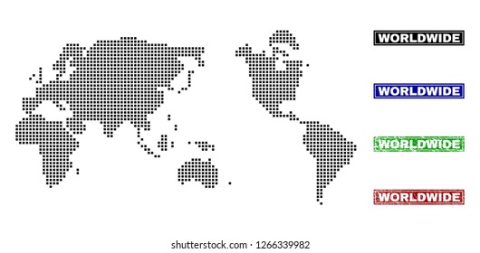 Dot vector abstracted worldwide map and isolated clean black, grunge red, blue, green stamp seals. Worldwide map tag inside rough framed rectangles and with grunge rubber texture.