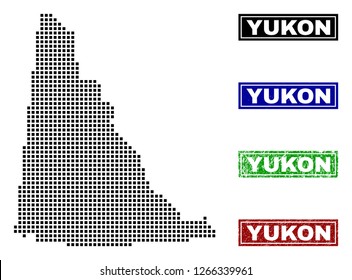 Dot vector abstracted Yukon Province map and isolated clean black, grunge red, blue, green stamp seals. Yukon Province map title inside rough framed rectangles and with grunge rubber texture.