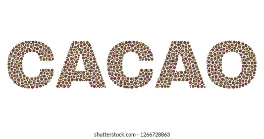 Dot vector Cacao text isolated on a white background. Cacao mosaic caption of circle dots in various sizes.