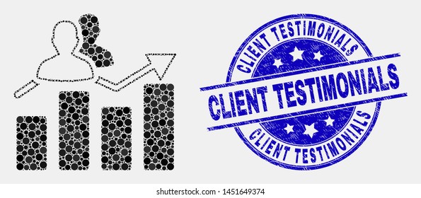 Dot visitors bar chart mosaic pictogram and Client Testimonials seal. Blue vector round grunge watermark with Client Testimonials caption. Vector collage in flat style.