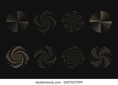 Dot vortex halftone set on dark. Abstract futuristic digital technology logo elements. Vector geometric shapes.