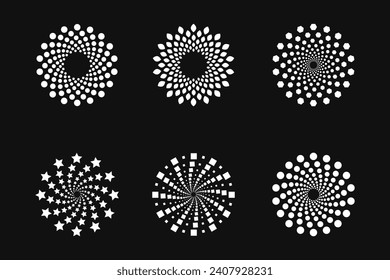 Dot vortex halftone set on dark. Abstract futuristic digital technology logo elements. Vector geometric shapes.