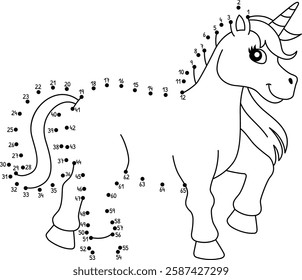 Dot to Dot Walking Unicorn Isolated Coloring Page 