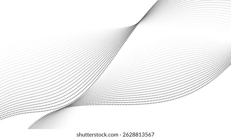 Dot wave background. Line curve pattern, black and white wavy dynamic flowing particles backdrop, abstract halftone gradient wallpaper design. Vector illustration.