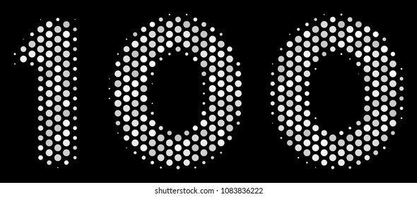 Dot white 100 text icon on a black background. Vector halftone mosaic of 100 text pictogram composed from round elements.