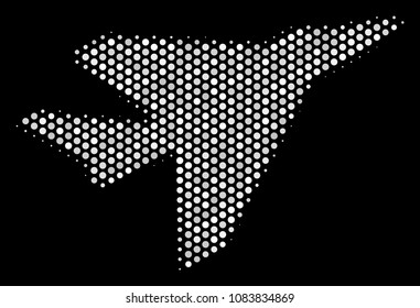 Dot white airplane intercepter icon on a black background. Vector halftone mosaic of airplane intercepter icon composed from round pixels.