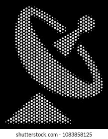 Dot white antenna icon on a black background. Vector halftone composition of antenna icon formed of round dots.