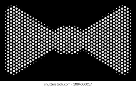 Dot white bow tie icon on a black background. Vector halftone composition of bow tie pictogram created of spheric items.