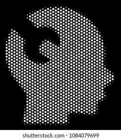 Dot white brain wrench tool icon on a black background. Vector halftone collage of brain wrench tool symbol organized with circle elements.