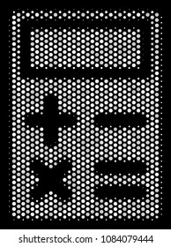 Dot white calculator icon on a black background. Vector halftone illustration of calculator pictogram done from round items.