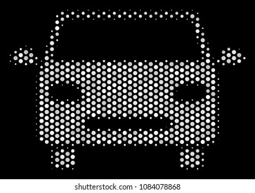 Dot white car icon on a black background. Vector halftone composition of car icon made of circle dots.