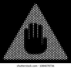 Dot white caution icon on a black background. Vector halftone pattern of caution icon organized with circle points.
