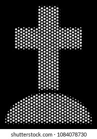 Dot white cemetery icon on a black background. Vector halftone pattern of cemetery icon composed from round items.