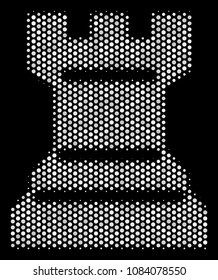Dot white chess tower icon on a black background. Vector halftone composition of chess tower icon created of round pixels.