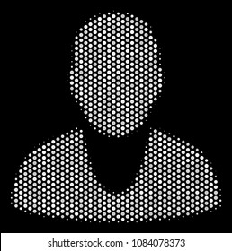 Dot white client icon on a black background. Vector halftone mosaic of client pictogram organized from circle points.