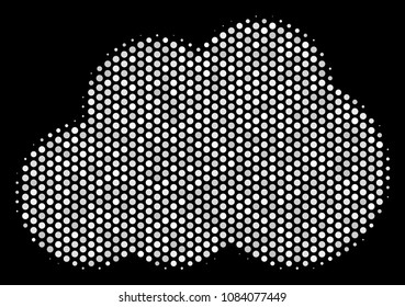 Dot white cloud icon on a black background. Vector halftone illustration of cloud pictogram done from round dots.