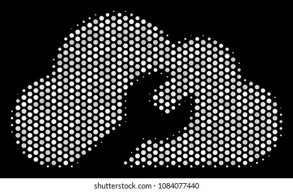 Dot white cloud wrench tools icon on a black background. Vector halftone mosaic of cloud wrench tools pictogram created with round pixels.