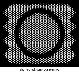 Dot white condom package icon on a black background. Vector halftone composition of condom package pictogram constructed from round items.