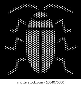 Dot white cucaracha icon on a black background. Vector halftone pattern of cucaracha icon composed from spheric items.