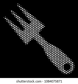 Dot white cultivator rake icon on a black background. Vector halftone pattern of cultivator rake symbol combined with round items.