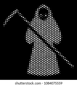 Dot white death scytheman icon on a black background. Vector halftone composition of death scytheman icon constructed of round elements.