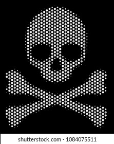 Dot white death skull icon on a black background. Vector halftone illustration of death skull pictogram composed with circle pixels.