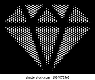 Dot white diamond icon on a black background. Vector halftone composition of diamond icon designed with spheric dots.