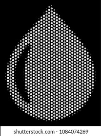 Dot white drop icon on a black background. Vector halftone composition of drop symbol combined with circle elements.