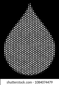 Dot white drop icon on a black background. Vector halftone collage of drop icon composed from circle elements.