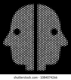 Dot white dual face icon on a black background. Vector halftone collage of dual face icon formed with round pixels.