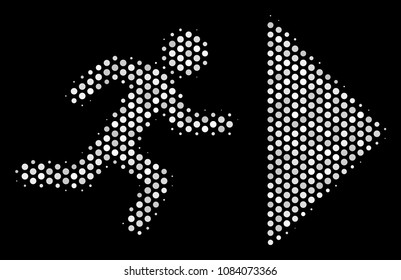 Dot white exit direction icon on a black background. Vector halftone composition of exit direction icon constructed with circle pixels.