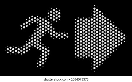 Dot white exit direction icon on a black background. Vector halftone mosaic of exit direction icon made with circle elements.