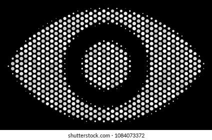 Dot white eye icon on a black background. Vector halftone collage of eye icon constructed with round points.