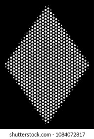 Dot white filled rhombus icon on a black background. Vector halftone composition of filled rhombus symbol organized of round points.