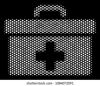 Dot white first aid toolbox icon on a black background. Vector halftone composition of first aid toolbox pictogram designed from circle items.