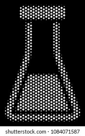 Dot white flask icon on a black background. Vector halftone illustration of flask pictogram constructed from circle pixels.