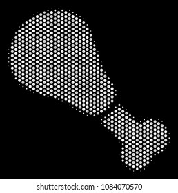 Dot white fried chicken leg icon on a black background. Vector halftone pattern of fried chicken leg icon constructed with round pixels.