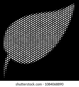 Dot white herbal leaf icon on a black background. Vector halftone mosaic of herbal leaf icon created with spheric items.