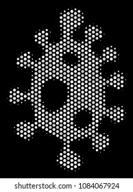 Dot white infection cell icon on a black background. Vector halftone composition of infection cell pictogram created with circle pixels.