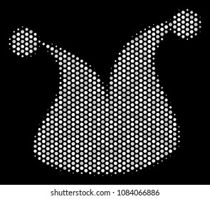 Dot white joker hat icon on a black background. Vector halftone mosaic of joker hat pictogram designed with round points.