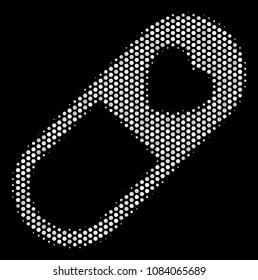 Dot white love granule icon on a black background. Vector halftone collage of love granule pictogram combined from spheric points.