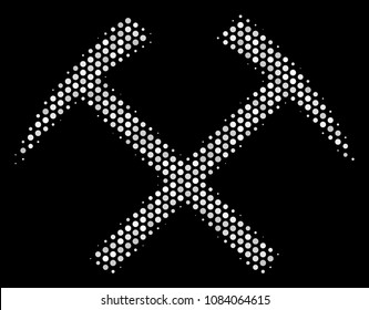 Dot white mining hammers icon on a black background. Vector halftone composition of mining hammers icon made of round dots.